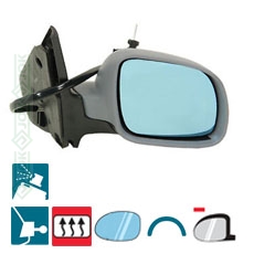 Spogulis, mehāniskais, ar vadiem, apsildāms, stikls zils, izliekts, krāsojams vāciņš, mazais  modelis, labā puse (Golf IV 97-06, Bora 98-05)