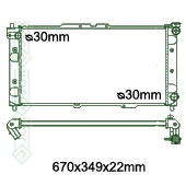Motora dzeses radiators 670x349x22mm, mehāniskā ātrumkārba, benzīns, ar/bez kondicioniera, ražots Ķīnā (1.5i 16V / 1.6i 16V / 1.8i 16V)