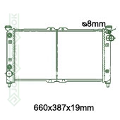 Motora dzeses radiators 660x387x19mm, automāts, benzīns, ar/bez kondicioniera, ražots Ķīnā (2.0i V6 24V / 2.3i V6 24V / 2.5i V6 24V)