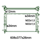Motora dzeses radiators 608x377x26mm, mehāniskā ātrumkārba, ar/bez kondicioniera, ražots Ķīnā (1.6i 16V / 1.8i 16V / 2.0i / 2.0i 16V / 2.2i 16V / 2.2 TD)