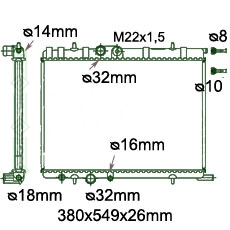 Motora dzeses radiators 380x549x26mm, mehāniskā ātrumkārba/ automāts, ar/bez kondicioniera, NRF (1.1i / 1.4i / 1.4i 16V / 1.4 HDi / 1.6i / 1.6i 16V / 1.8i 16V / 1.9 D / 2.0 HDi / 2.0i 16V)