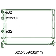 Motora dzeses radiators 625x359x32mm, mehāniskā ātrumkārba/ automāts, ar/bez kondicioniera, ražots Ķīnā (1.0i / 1.2 TDi / 1.3i / 1.4i / 1.4i 16V / 1.4 TDi / 1.4 FSi / 1.6i / 1.6i 16V / 1.7 SDi / 1.8i / 1.9 D / 1.9 TD / 1.9 SDi / 1.9 TDi / 2.0i / 2.0i 16V / 2.8i VR6)