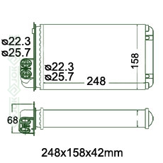 Salona apsildes radiators 248x158x42mm, mehāniskā ātrumkārba/ automāts, ar/bez kondicioniera, Nissens (1.6i / 1.8i / 1.8i 16V / 1.9 SD / 1.9 D Turbo / 2.0i 16V / 2.0 Turbo / 2.0i Turbo / 2.1 D Turbo / 2.2 HDi / 2.2i 16V / 3.0i V6 24V )