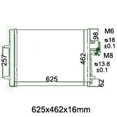 Kondicioniera radiators 625 x 462 x 16 mm, mehāniskā ātrumkārba/ automāts, ar sausinātāju (1.6 EcoBoost, 1.6 TDCi, 1.8 TDCi, 2.0 EcoBoost, 2.0i 16V, 2.0 TDCi, 2.0i 16V Turbo, 2.0 T, 2.2 TDCi, 2.3i 16V, 2.2. TD, 2.2 TD4, 2.5 T, 3.2i V6, 3.2.i, 4.4i V8, T2, T3, T4, T5, T6)