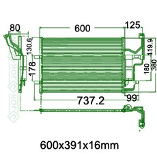 Kondicioniera radiators 600x391x16mm, mehāniskā ātrumkārba/ automāts, ražots Ķīnā( 1.4i 16V / 1.6i 16V / 1.8i 16V / 2.0i 16V /2.0 CDVi / 2.3i 16V )