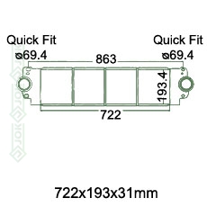 Interkūlera radiators 722x193x31mm, mehāniskā ātrumkārba/ automāts, ar/bez kondicioniera, ražots ES ( 1.9 TDi / 2.0 TDi / 2.5 TDi )