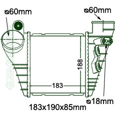 Interkūlera radiators 183x190x85mm, mehāniskā ātrumkārba/ automāts, ar/bez kondicioniera, ražots Ķīnā ( 1.8i 20V Turbo / 1.9 TDi )