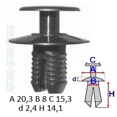 Stiprinājums motora pārsegam, enkurs savācējs Ø 8 (BMW E30, E34, E36, E38, E39, E46, E53, E60, E65, E83, E84, E90, F01, F10, X1, X3, X5, Z1, Z3, Z8, Mercedes Sprinter -06, Viano, Vito, W123, W124, W140, W201, W202, W203, W210, W211, W220, Peugeot)